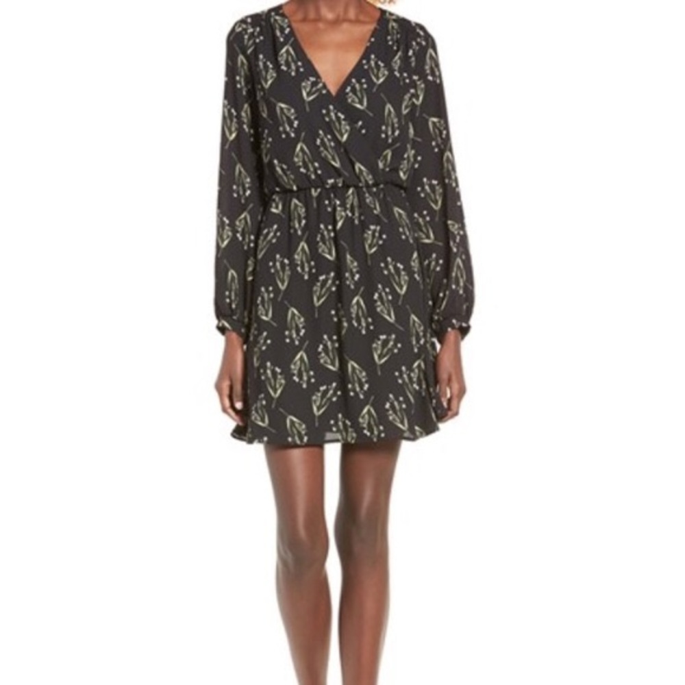 Lush Black Floral Print Long Sleeve Chiffon Mini Dress